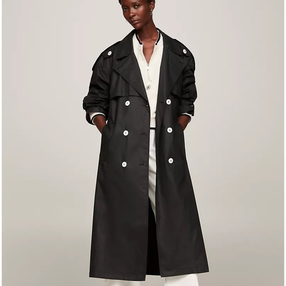 TOMMY HILFIGER OVERSIZED COATED COTTON TRENCH COAT - BLACK - WORN ONCE - S/M